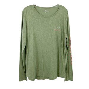 Vineyard Vines Green Pink Logo Spell Out Long Sleeve Shirt Whale Women's Medium